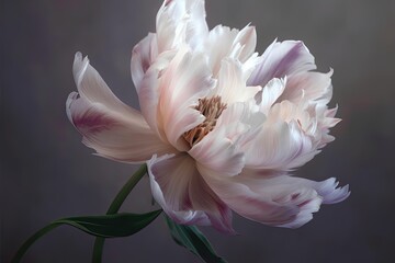 Beautiful dreamy pastel flower photograph. Tulip in bloom. Purple and white petals peony abstract background.