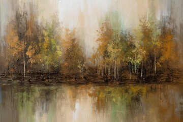 Abstract oil painting autumn landscape. Forest and pond impressionist art. Hazy fall morning. © Fox Ave Designs