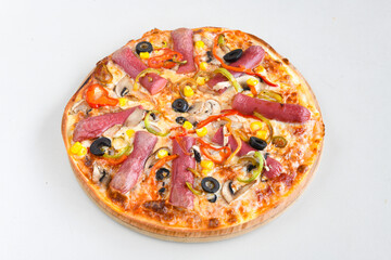 Delicious mixed pizza with rich content. Menu concept of choice and diversity. Karisik pizza