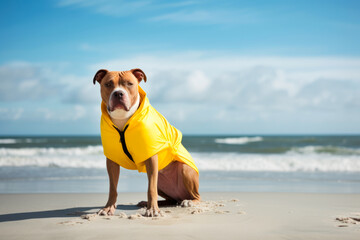 Fototapeta na wymiar dog on the beach, american staffordshire terrier, GenerativeAI