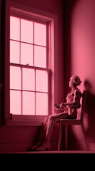Fototapeta na wymiar Outdated Technology - Nostalgic Old Robot Left Behind in a Warm Pink Room - Generative AI