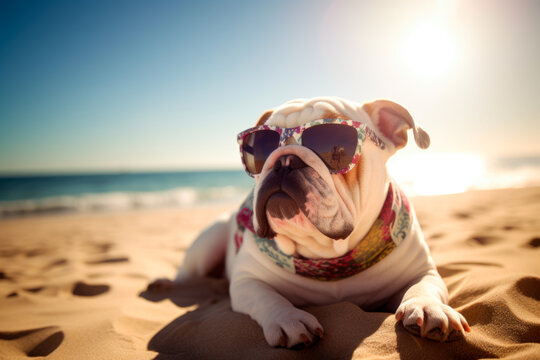 Bulldog on beach, taking a sunbath, Generativeai