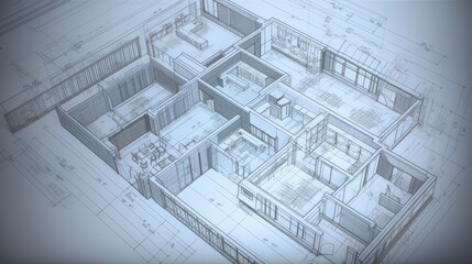 3D architectural or engineering drawings on a table, blueprints, plans, AI