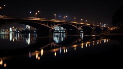 Obraz na płótnie Canvas Bridge with lights reflecting in the river at night, AI