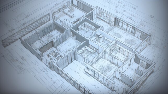 3D architectural or engineering drawings on a table, blueprints, plans, AI
