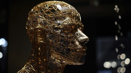 Art of a human head sculpted in metal, AI