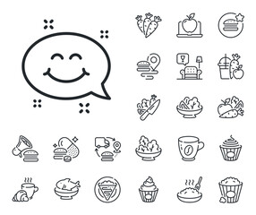 Happy face sign. Crepe, sweet popcorn and salad outline icons. Smile chat line icon. Emoticon speech bubble symbol. Smile chat line sign. Pasta spaghetti, fresh juice icon. Supply chain. Vector