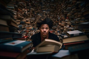 Drowning in Literature: Desperate BIPOC Man Surrounded by a Wall of Books