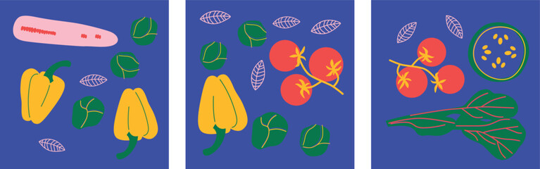 Abstract appetizing Vegetables collection. Decorative abstract horizontal banner with colorful doodles. Hand-drawn modern illustrations with Vegetables, abstract elements. Cucumber, peas, pepper.