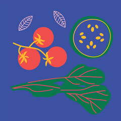 Abstract appetizing Vegetables collection. Decorative abstract horizontal banner with colorful doodles. Hand-drawn modern illustrations with Vegetables, abstract elements. Cucumber, peas, pepper.