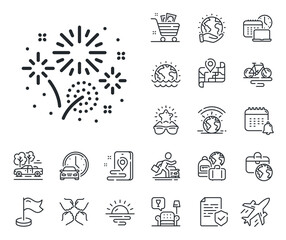 Naklejka premium Pyrotechnic salute sign. Plane jet, travel map and baggage claim outline icons. Fireworks line icon. Carnival celebration lights symbol. Fireworks line sign. Car rental, taxi transport icon. Vector