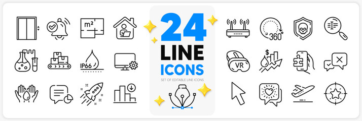 Icons set of Lift, Star target and Wifi line icons pack for app with Decreasing graph, Notification received, Cyber attack thin outline icon. Statistic, Vr, Safe water pictogram. Vector