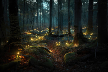 Magic fairy tale forest at night. Fantasy forest with glowing lights. Created with Generative AI