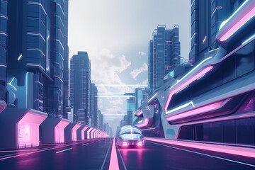 Futuristic city with neon lights. Cyberounk landscape. Created with Generative AI