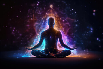 Fototapeta na wymiar Silhouette of body meditate in lotus position on cosmic background. Spiritual awakening and positive energy of universe. Concept of communication with another world. Created with Generative AI