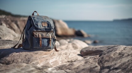 Backpack on a big rock near the beach and sea in sunlight - AI Phorography - obrazy, fototapety, plakaty