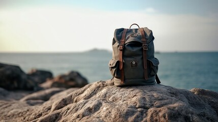 Backpack on a big rock near the beach and sea in late afternoon - AI Photography - obrazy, fototapety, plakaty
