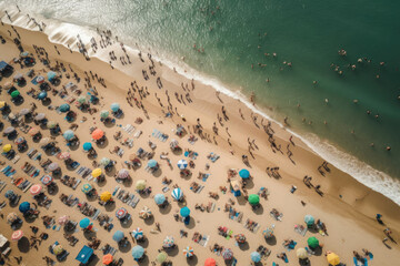 Fototapeta na wymiar Sea beach with colorful umbrellas and relaxing people, aerial top view. Crowded sandy beach at high season. Tourists at summer holidays. Created with Generative AI