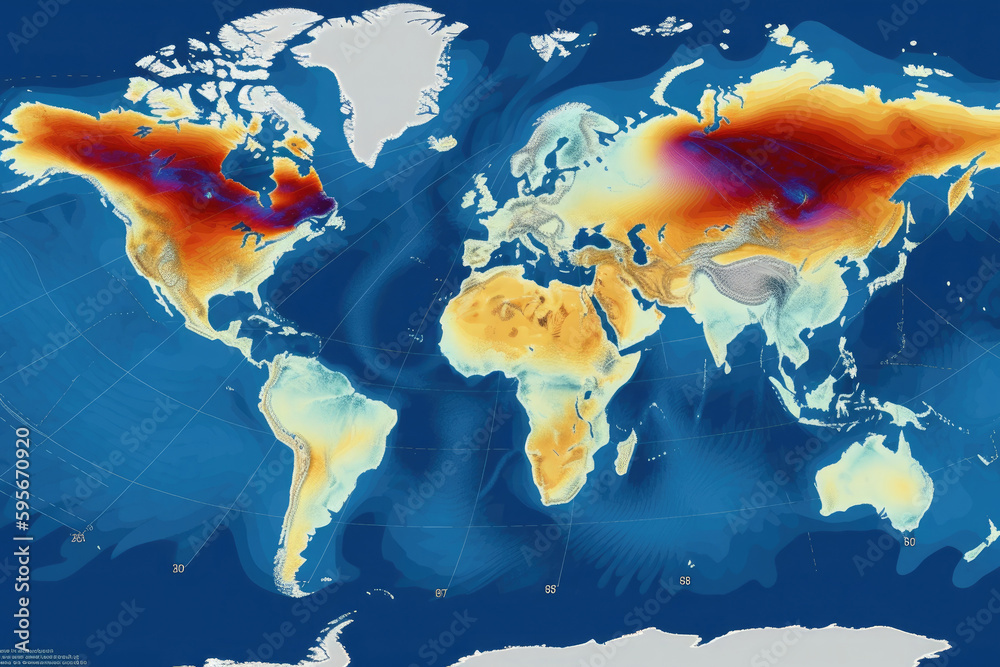 Wall mural world map with weather forecast app. weather prediction data on monitor screen. concept of meteorolo