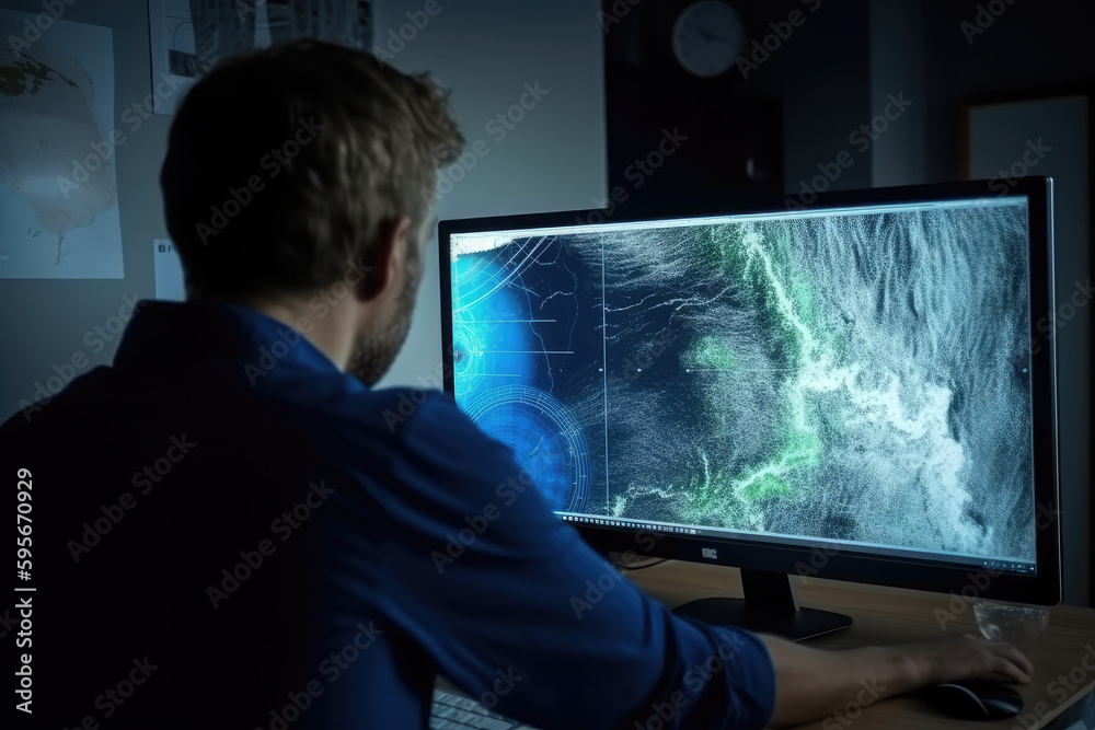 Wall mural meteorologist monitoring weather forecast at monitor screen. workplace in meteorological department.