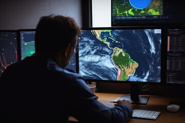 Meteorologist monitoring weather forecast at monitor screen. Workplace in meteorological department. Created with Generative AI