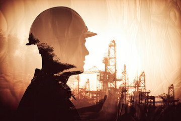 Fototapeta na wymiar Industrial worker silhouette with oil refinery plant as background. Engineer in helmet with double exposure effect. Oil and gas industry. Created with Generative AI