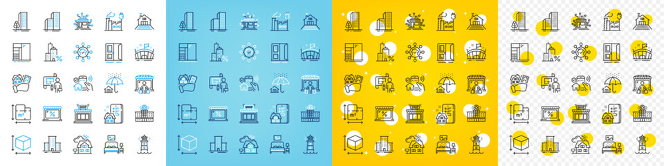 Vector icons set of Arena, Market and Lighthouse line icons pack for web with Factory, Open door, Skyscraper buildings outline icon. Distribution, Realtor, Terrace pictogram. Buildings. Vector