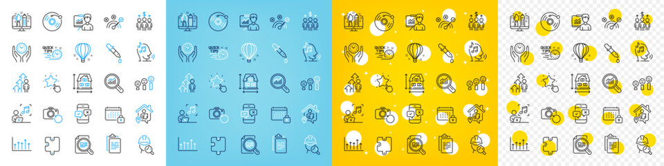 Vector icons set of Check article, Air balloon and Voicemail line icons pack for web with Clipboard, Calendar, Presentation outline icon. Phone survey, Growth chart, Recovery photo pictogram. Vector