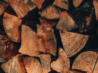 last year's sawn and split firewood, firewood from various trees piled in piles