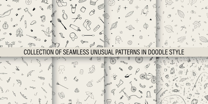 Collection of seamless hand drawn patterns in doodle style. Vector monochrome drawing backgrounds. Fun creative fabric prints.