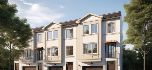 Fototapeta premium Townhouse exterior house design in daytime golden hour generative ai