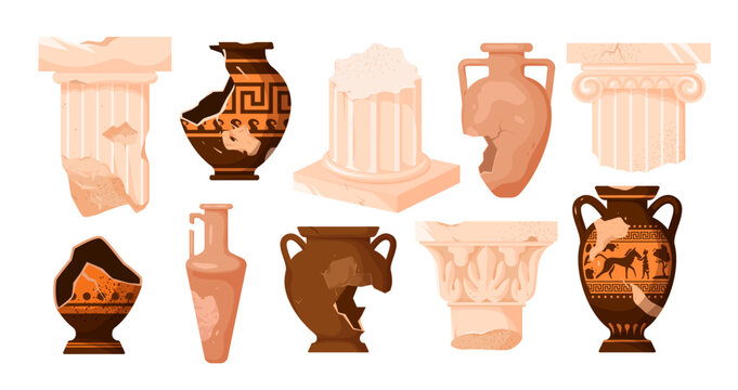 A vector illustration showcasing ancient broken vases, Roman and Greek columns. Cartoon-style antique pillar, ceramic pots, and fragments of ornate amphoras decorated vintage patterns