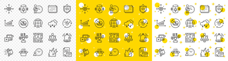 Outline Global business, Reminder and Delivery man line icons pack for web with Time management, Inventory cart, Maze attention line icon. Parcel delivery, Wind energy. Vector
