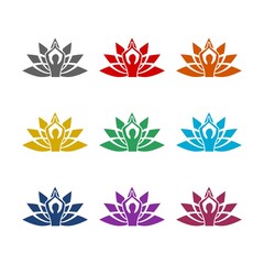 Lotus flower logo with woman silhouette icon isolated on white background. Set icons colorful