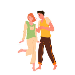 Happy couple enjoy dancing movement vector illustration. Cartoon isolated funny active female and male characters in home clothes dance together and listen music, cute scene with young dancers
