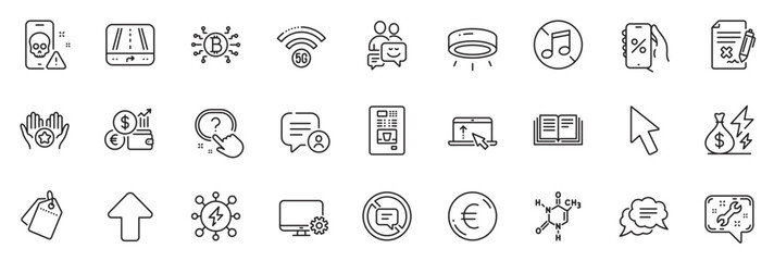 Icons pack as Discounts app, Upload and Bitcoin system line icons for app include Swipe up, Cursor, Currency rate outline thin icon web set. Cyber attack, Spanner, Question button pictogram. Vector