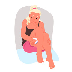 Woman shaving leg with depilatory razor machine vector illustration. Cartoon girl holding electric personal trimmer to shave and remove hair, care body skin with depilation shaver in bathroom