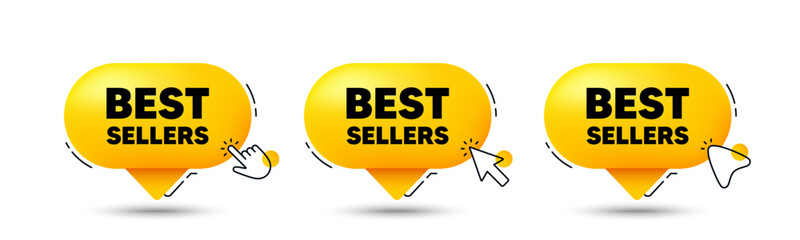 Best sellers tag. Click here buttons. Special offer price sign. Advertising discounts symbol. Best sellers speech bubble chat message. Talk box infographics. Vector