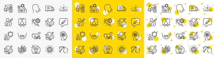Outline Shield, Social care and Chin line icons pack for web with Manganese mineral, Social distance, Vaccination appointment line icon. Molybdenum mineral, Vaccine message. Vector