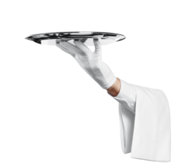 Waiter hand in glove with towel holding big silver tray, cut out