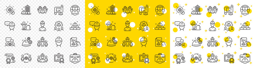 Teamwork, People and Technical documentation. Engineering line icons. Blueprint with gear, engineer and construction helmet set icons. Technician, industrial people, engineering process. Vector