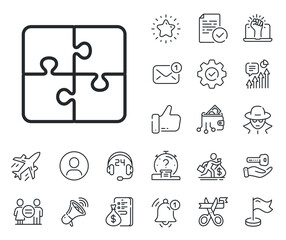 Engineering strategy sign. Salaryman, gender equality and alert bell outline icons. Puzzle line icon. Puzzle line sign. Spy or profile placeholder icon. Online support, strike. Vector