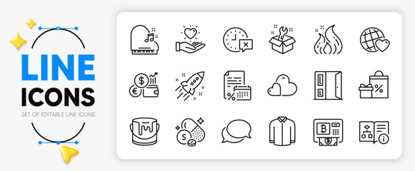 Time, Sulfur mineral and Open door line icons set for app include Shirt, Calendar tax, Messenger outline thin icon. Technical algorithm, Bitcoin atm, Spanner pictogram icon. Vector