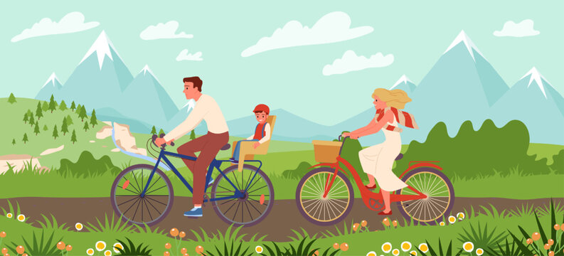 Happy family people ride bikes on path of spring mountain landscape vector illustration. Cartoon young mother, father and son in helmet travel on bicycles, healthy leisure and vacation of cyclists