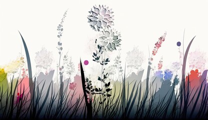 AI-generated illustration of an array of colorful wildflowers on a white background. MidJourney.