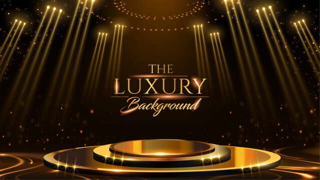 Golden Stage Spotlights Royal Awards Graphics Background. Lights Elegant Shine Modern Template. Luxury Premium Corporate Template. Event Show Backdrop.