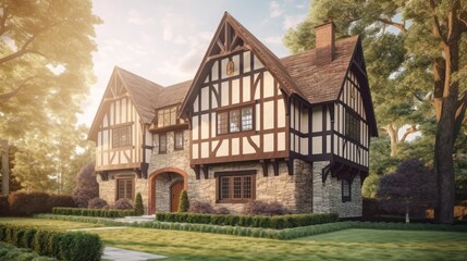 Tudor exterior house design in daytime golden hour generative ai