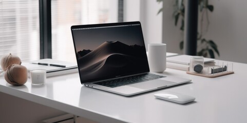 Fototapeta na wymiar Clean workspace with MacBook Pro, generative ai