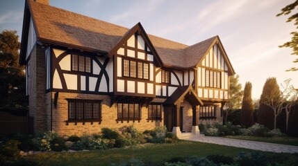 Tudor exterior house design in daytime golden hour generative ai