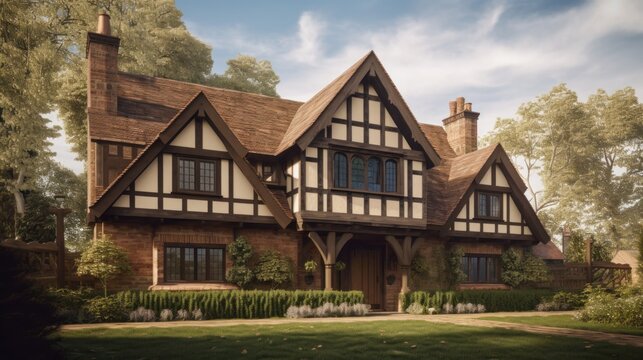 Tudor Exterior House Design In Daytime Golden Hour Generative Ai